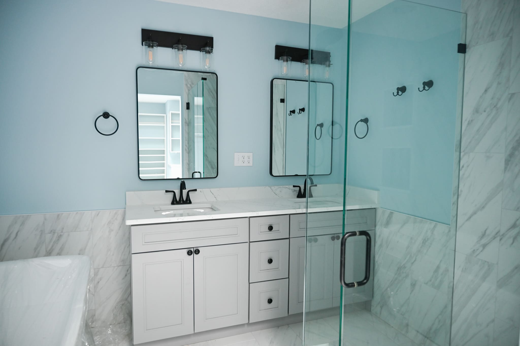 white and grey bathroom remodel